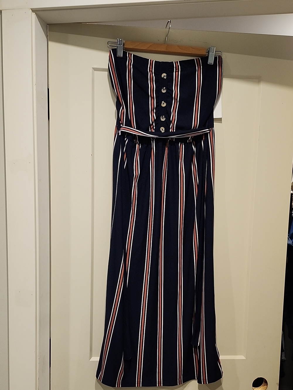 Striped Navy Strapless Dress with Front Buttobs
